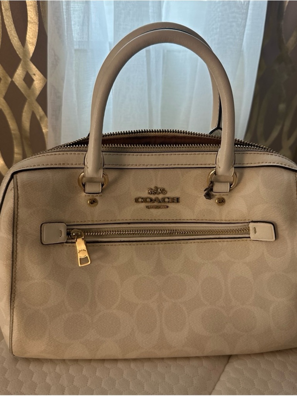 COACH Cream Monogram Dome Satchel with Gold Hardware